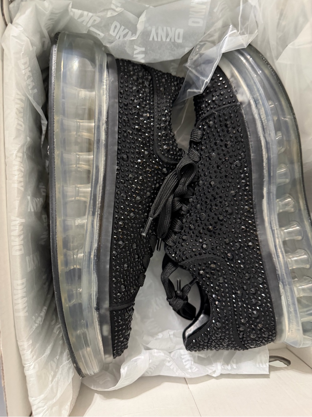 DKNY Black Crystal-Studded Clear Sole Platform Sneakers